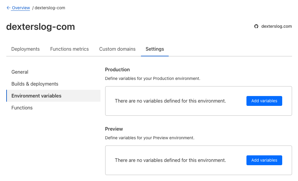 Screenshot of Cloudflare pages setup of environment variables