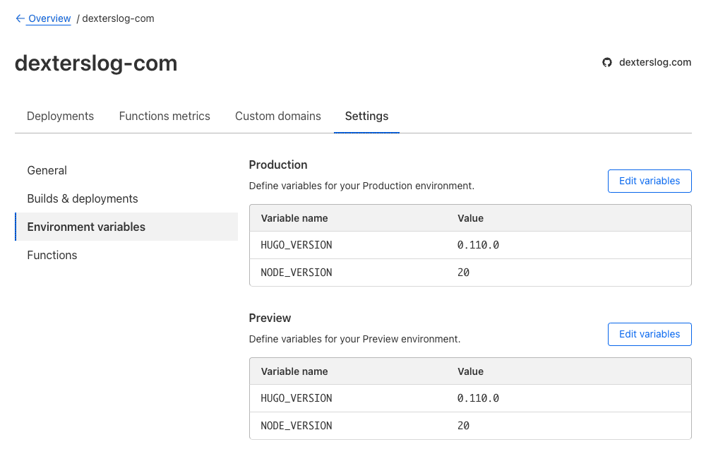 Screenshot of Cloudflare pages setup with environment variables set for custom version of Hugo and Node.js