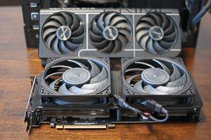 "Fully assembled Asus Prime 5070 Ti OC with custom bracket, dual fan adapter cable, and two Noctua NF-A12x25 fans"